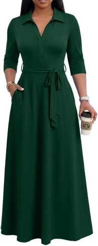 MarryUP Maxi Dresses for Women Casual V Neck 3/4 Sleeve Long Church Dress Semi Formal Outfits with Pockets in Saudi Arabia