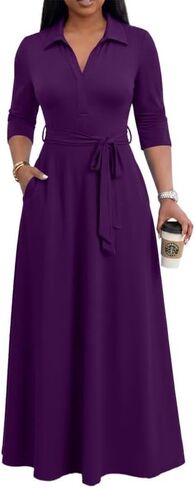 MarryUP Maxi Dresses for Women Casual V Neck 3/4 Sleeve Long Church Dress Semi Formal Outfits with Pockets in Saudi Arabia