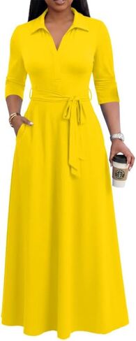 MarryUP Maxi Dresses for Women Casual V Neck 3/4 Sleeve Long Church Dress Semi Formal Outfits with Pockets in Saudi Arabia