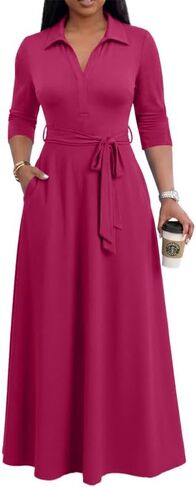 MarryUP Maxi Dresses for Women Casual V Neck 3/4 Sleeve Long Church Dress Semi Formal Outfits with Pockets in Saudi Arabia