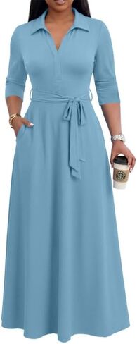 MarryUP Maxi Dresses for Women Casual V Neck 3/4 Sleeve Long Church Dress Semi Formal Outfits with Pockets in Saudi Arabia