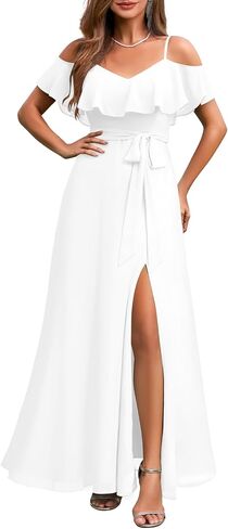 Formal Dresses for Women - Off the Shoulder Wedding Guest Bridesmaid Prom Chiffon Flowy Split A-Line Long Dress in Kuwait