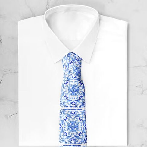Novelty Necktie for Men (Azulejos Portuguese Tiles Blue Watercolor Pattern) Fun Conversational Silky Tie, Neck Tie for Party, Events, Unique and Original in Kuwait