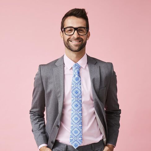 Novelty Necktie for Men (Azulejos Portuguese Tiles Blue Watercolor Pattern) Fun Conversational Silky Tie, Neck Tie for Party, Events, Unique and Original in Kuwait