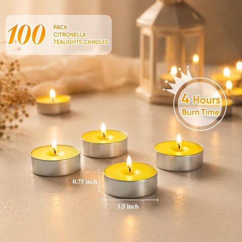 100 Pack Citronella Tealight Candles Bulk,Outdoor Intdoor Summer Scented Candles,Natural Soy Wax Citronella Tea Lights Candles for Patio,Yard,Garden,Pool,Porch,Parties,Weddings in Saudi Arabia