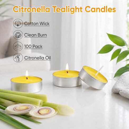100 Pack Citronella Tealight Candles Bulk,Outdoor Intdoor Summer Scented Candles,Natural Soy Wax Citronella Tea Lights Candles for Patio,Yard,Garden,Pool,Porch,Parties,Weddings in Saudi Arabia