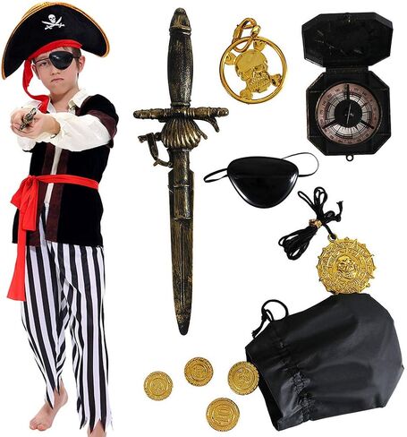 Tacobear Kids Boys Pirate Costume Pirate Toddler Halloween Dress Up Costume & Pirate Hat Sword Eye Patch Compass Earring Purse Coin Medallion for Kids 6-8 in Saudi Arabia