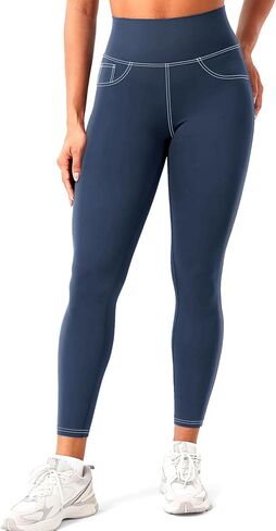 Jeggings for Women - Faux Denim Leggings with Pockets High Waisted Tummy Control Yoga Pants Butt Lifting Workout Jean Tights in Saudi Arabia