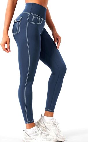 Jeggings for Women - Faux Denim Leggings with Pockets High Waisted Tummy Control Yoga Pants Butt Lifting Workout Jean Tights in Saudi Arabia