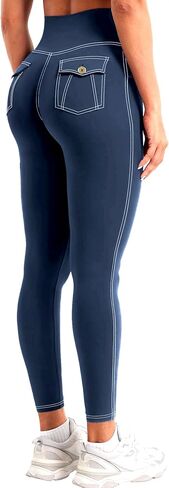 Jeggings for Women - Faux Denim Leggings with Pockets High Waisted Tummy Control Yoga Pants Butt Lifting Workout Jean Tights in Saudi Arabia