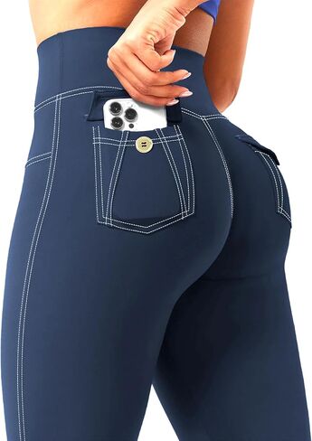 Jeggings for Women - Faux Denim Leggings with Pockets High Waisted Tummy Control Yoga Pants Butt Lifting Workout Jean Tights in Saudi Arabia