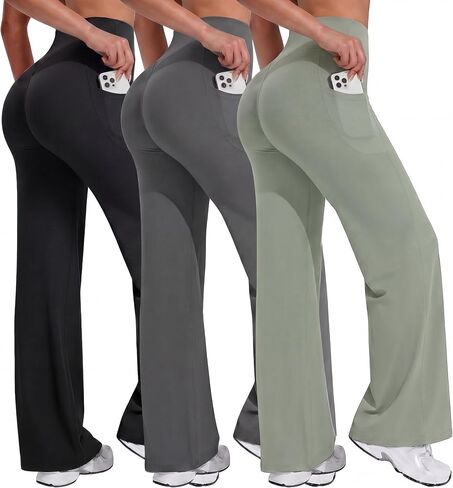 Coume 3 Pack Women Straight Leg Workout Legging High Waist No Front Seam Stretch Wide Leg Yoga Gym Pants Bottoms with Pockets in Kuwait