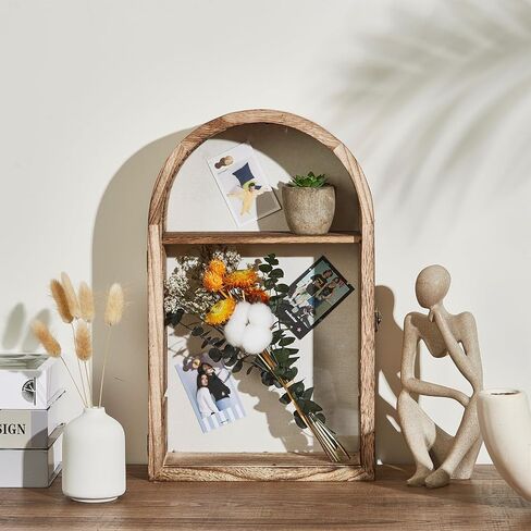 إطار عرض صندوق الظل العميق الكلاسيكي من GarveeHome - صندوق ذاكرة من الخشب الطبيعي المقوس مقاس 16.3 بوصة × 9.8 بوصة مع واجهة أكريليك - مثبت على الحائط أو سطح الطاولة - أرفف قابلة للإزالة للصور والميداليات والزهور والتذكارات - in Kuwait
