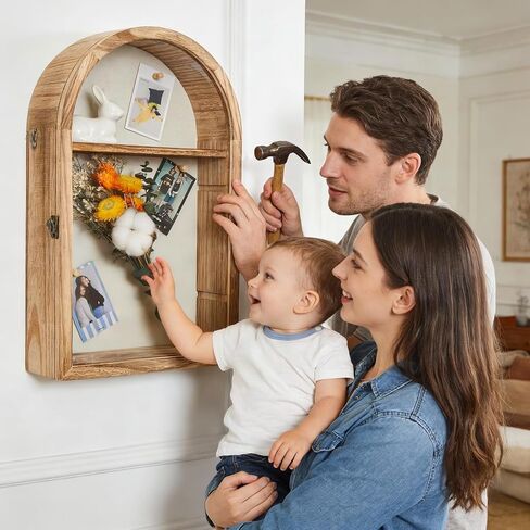 إطار عرض صندوق الظل العميق الكلاسيكي من GarveeHome - صندوق ذاكرة من الخشب الطبيعي المقوس مقاس 16.3 بوصة × 9.8 بوصة مع واجهة أكريليك - مثبت على الحائط أو سطح الطاولة - أرفف قابلة للإزالة للصور والميداليات والزهور والتذكارات - in Kuwait