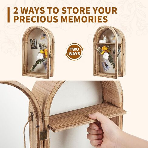 إطار عرض صندوق الظل العميق الكلاسيكي من GarveeHome - صندوق ذاكرة من الخشب الطبيعي المقوس مقاس 16.3 بوصة × 9.8 بوصة مع واجهة أكريليك - مثبت على الحائط أو سطح الطاولة - أرفف قابلة للإزالة للصور والميداليات والزهور والتذكارات - in Kuwait