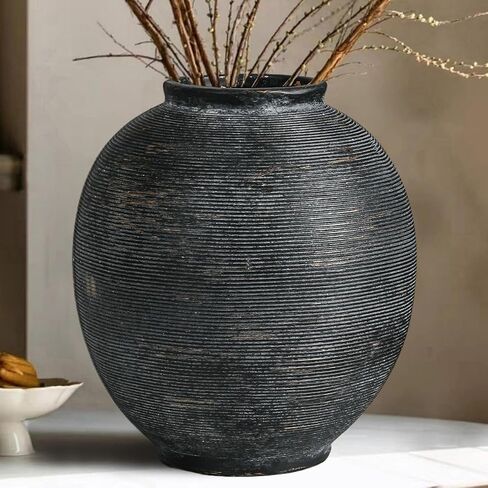 White Ceramic Vase, 9.8" Large, Round, Sandstone White | Farmhouse Style, Hand-Made Textured, Minimalist Design, Home Decor in Kuwait