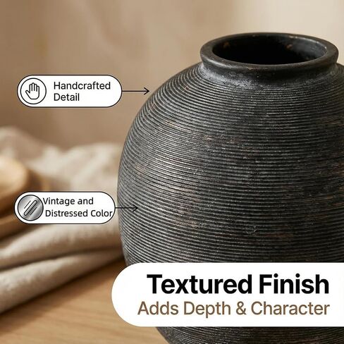 White Ceramic Vase, 9.8" Large, Round, Sandstone White | Farmhouse Style, Hand-Made Textured, Minimalist Design, Home Decor in Kuwait