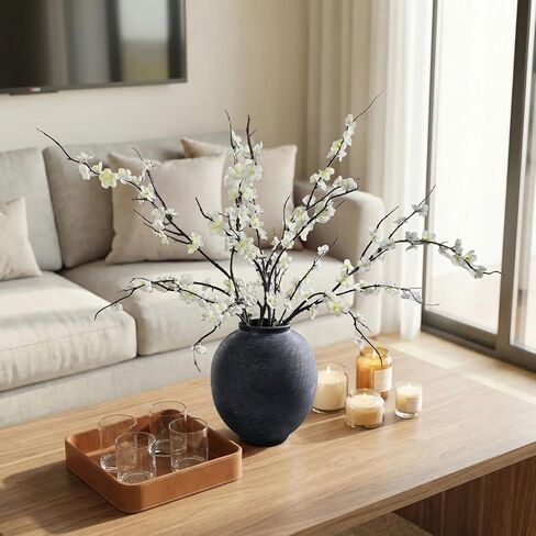 White Ceramic Vase, 9.8" Large, Round, Sandstone White | Farmhouse Style, Hand-Made Textured, Minimalist Design, Home Decor in Kuwait