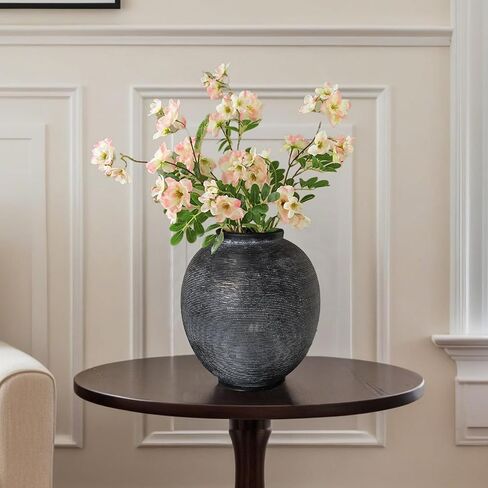 White Ceramic Vase, 9.8" Large, Round, Sandstone White | Farmhouse Style, Hand-Made Textured, Minimalist Design, Home Decor in Kuwait