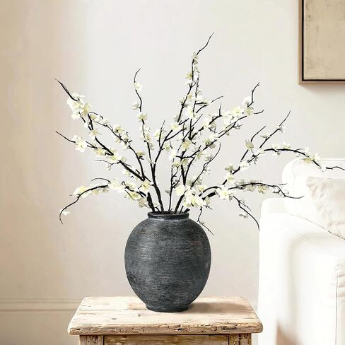 White Ceramic Vase, 9.8" Large, Round, Sandstone White | Farmhouse Style, Hand-Made Textured, Minimalist Design, Home Decor in Kuwait