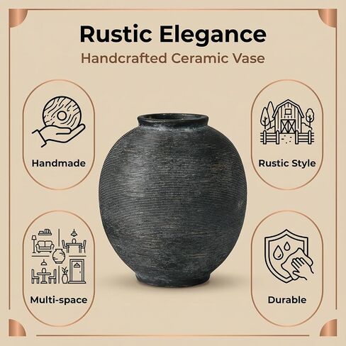 White Ceramic Vase, 9.8" Large, Round, Sandstone White | Farmhouse Style, Hand-Made Textured, Minimalist Design, Home Decor in Kuwait