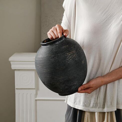 White Ceramic Vase, 9.8" Large, Round, Sandstone White | Farmhouse Style, Hand-Made Textured, Minimalist Design, Home Decor in Kuwait