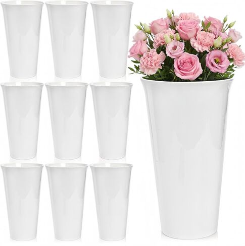 Tlence 10 Pack Flower Buckets, 10 Inch White Plastic Flowers Vases, Round Floral Containers for Cut Flower, Modern Hydroponic Plant Display Holder for Table Centerpieces Home Wedding Decorations in Saudi Arabia