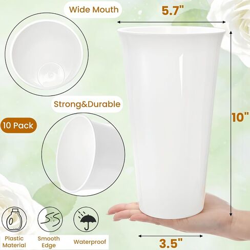 Tlence 10 Pack Flower Buckets, 10 Inch White Plastic Flowers Vases, Round Floral Containers for Cut Flower, Modern Hydroponic Plant Display Holder for Table Centerpieces Home Wedding Decorations in Saudi Arabia