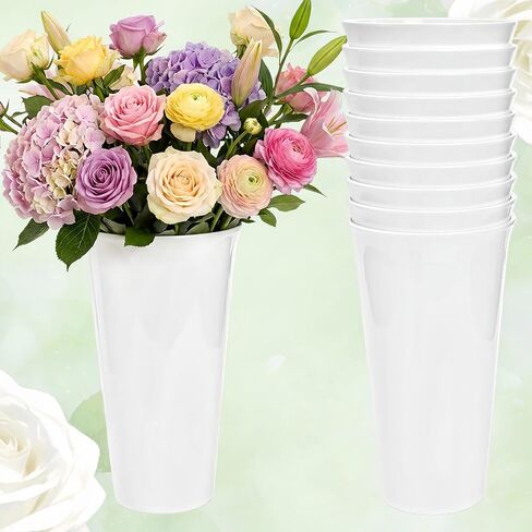 Tlence 10 Pack Flower Buckets, 10 Inch White Plastic Flowers Vases, Round Floral Containers for Cut Flower, Modern Hydroponic Plant Display Holder for Table Centerpieces Home Wedding Decorations in Saudi Arabia