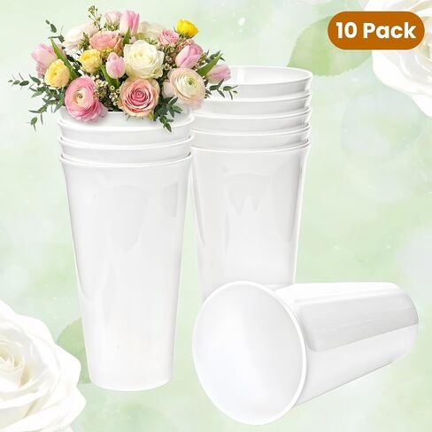 Tlence 10 Pack Flower Buckets, 10 Inch White Plastic Flowers Vases, Round Floral Containers for Cut Flower, Modern Hydroponic Plant Display Holder for Table Centerpieces Home Wedding Decorations in Saudi Arabia
