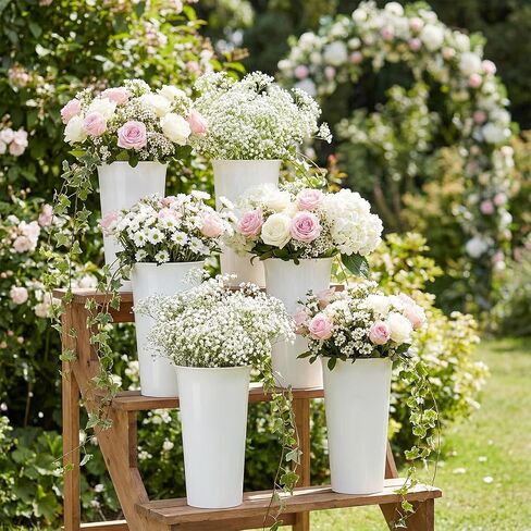 Tlence 10 Pack Flower Buckets, 10 Inch White Plastic Flowers Vases, Round Floral Containers for Cut Flower, Modern Hydroponic Plant Display Holder for Table Centerpieces Home Wedding Decorations in Saudi Arabia