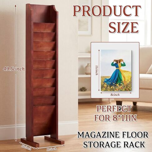 Leinuosen 10-Pocket Wooden Magazine Rack Floor Stand, Solid Wood Literature Organizer for 8.5'' x 11'' Magazines, Books, Brochures, Freestanding Display for Home, Waiting Room and Office(Mahogany) in Kuwait