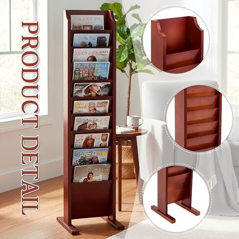Leinuosen 10-Pocket Wooden Magazine Rack Floor Stand, Solid Wood Literature Organizer for 8.5'' x 11'' Magazines, Books, Brochures, Freestanding Display for Home, Waiting Room and Office(Mahogany) in Kuwait