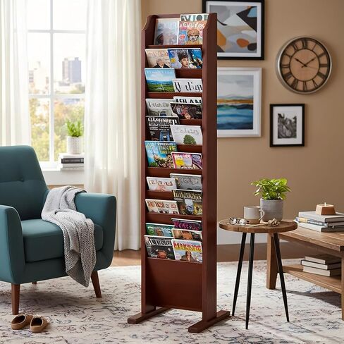 Leinuosen 10-Pocket Wooden Magazine Rack Floor Stand, Solid Wood Literature Organizer for 8.5'' x 11'' Magazines, Books, Brochures, Freestanding Display for Home, Waiting Room and Office(Mahogany) in Kuwait