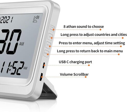 Azan Clock, Automatic Worldwide Digital 8 Azan Prayer Sounds Muslim Prayer Clock for USA Home Decor (White) in Kuwait