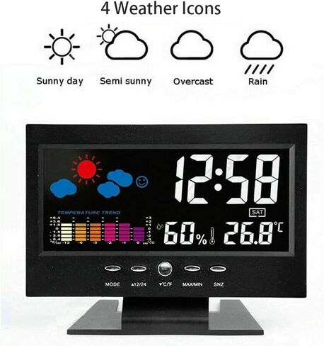 Yosoo Digital Weather Clock, Colorful Display with Temperature Humidity Meter Alarm Calendar, Voice Activated Backlight, for Indoor Wall Table Use (Black) in Kuwait