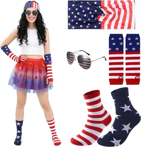 JATEBI 4 Pcs 4th of July Costume Accessories USA Patriotic Headband Arm Sleeve Socks Sunglasses for Independence Day Party 250th Anniversary Party in Kuwait