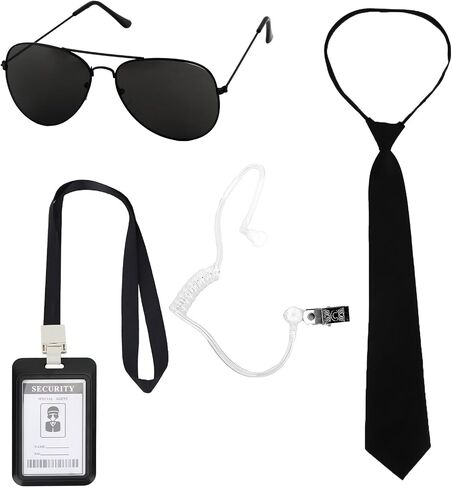 4 PCS Agent Costume Accessories Set – Spy Secret Security Service Costume with Sunglasses, Pre-Tied Zipper Tie, Earpiece, and ID Card for Men Women Halloween Cosplay Black in Saudi Arabia