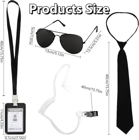 4 PCS Agent Costume Accessories Set – Spy Secret Security Service Costume with Sunglasses, Pre-Tied Zipper Tie, Earpiece, and ID Card for Men Women Halloween Cosplay Black in Saudi Arabia