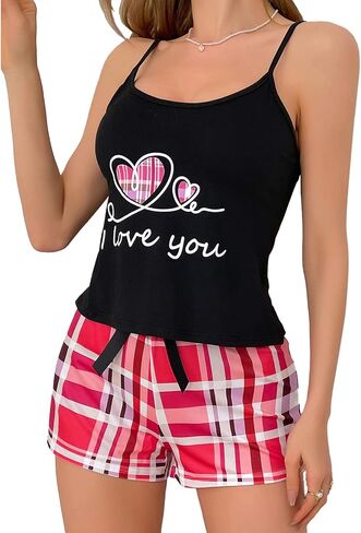 Cuddle Duds Women Pajamas Set, Cute Heart Print Shorts & Tank Top, Sexy Women Pajamas Shorts Set for Women in Kuwait