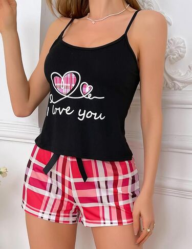 Cuddle Duds Women Pajamas Set, Cute Heart Print Shorts & Tank Top, Sexy Women Pajamas Shorts Set for Women in Kuwait