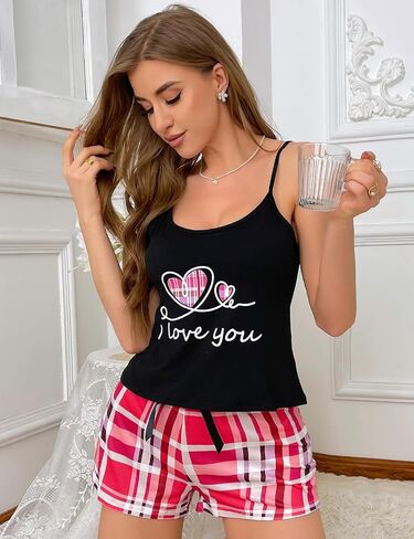 Cuddle Duds Women Pajamas Set, Cute Heart Print Shorts & Tank Top, Sexy Women Pajamas Shorts Set for Women in Kuwait