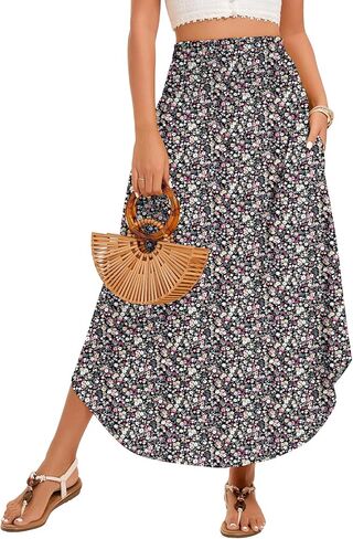 Women's Maxi Skirts Smocked High Waisted Boho Floral Flowy Long Skirt with Pockets 2026 Summer Beach Vacation Clothes in Kuwait