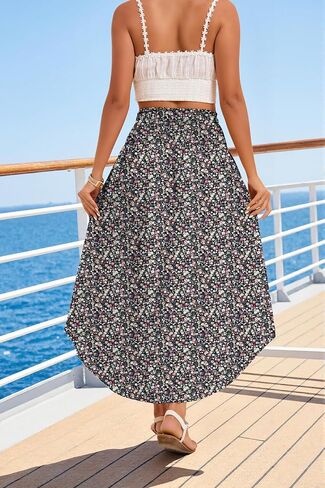 Women's Maxi Skirts Smocked High Waisted Boho Floral Flowy Long Skirt with Pockets 2026 Summer Beach Vacation Clothes in Kuwait