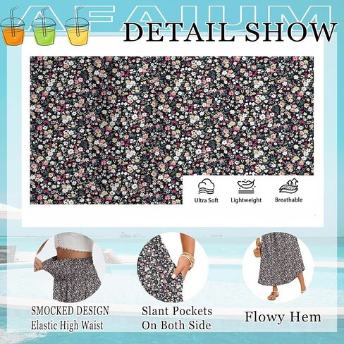 Women's Maxi Skirts Smocked High Waisted Boho Floral Flowy Long Skirt with Pockets 2026 Summer Beach Vacation Clothes in Kuwait