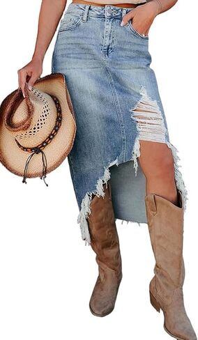 Pinclodly Denim Skirt for Women Ripped Distressed Jean Skirt Stretch Zip Fly High Waist Denim Skort Y2k Long Jean Skirts 2026 in Saudi Arabia