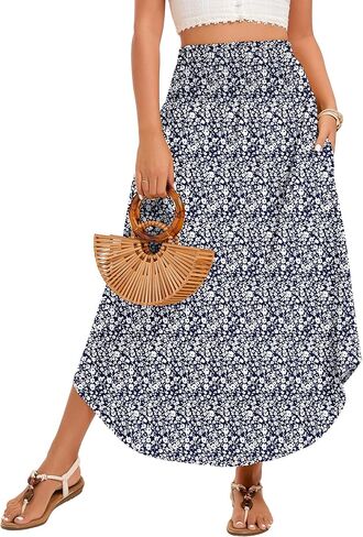 Women's Maxi Skirts Smocked High Waisted Boho Floral Flowy Long Skirt with Pockets 2026 Summer Beach Vacation Clothes in Kuwait