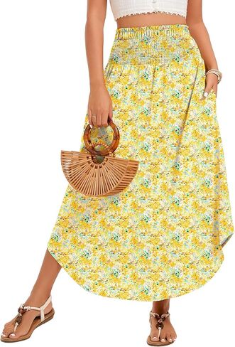 Women's Maxi Skirts Smocked High Waisted Boho Floral Flowy Long Skirt with Pockets 2026 Summer Beach Vacation Clothes in Kuwait