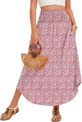 Women's Maxi Skirts Smocked High Waisted Boho Floral Flowy Long Skirt with Pockets 2026 Summer Beach Vacation Clothes in Kuwait