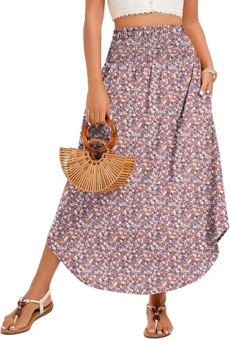 Women's Maxi Skirts Smocked High Waisted Boho Floral Flowy Long Skirt with Pockets 2026 Summer Beach Vacation Clothes in Kuwait